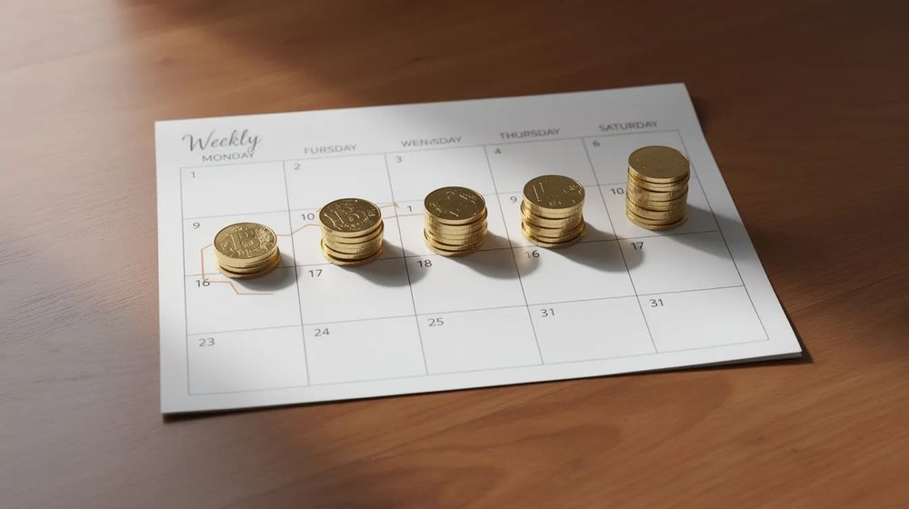 週間カレンダーの上に並ぶ金色のコインの山