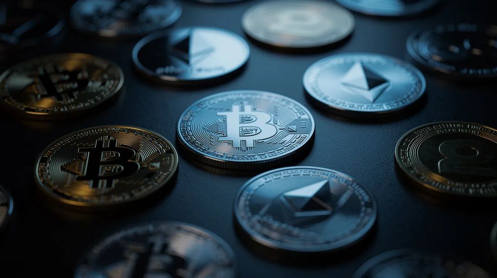 暗い台の上に並ぶビットコインとイーサリアムのコイン